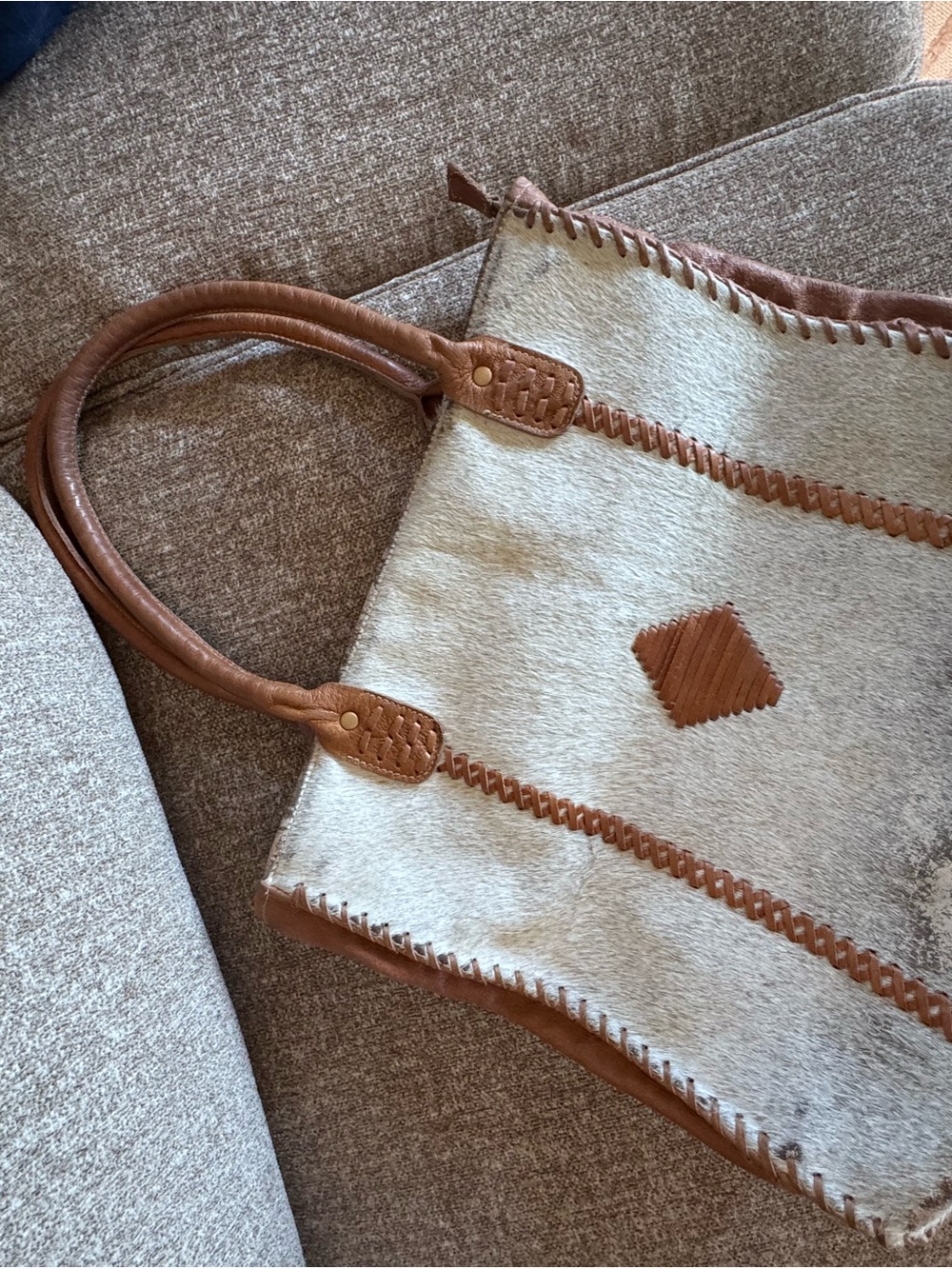 Myra Bag Cream Haircalf Tote with Brown Leather Trim